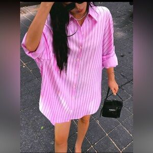 Pink Striped Oversized Button-Up Shirt